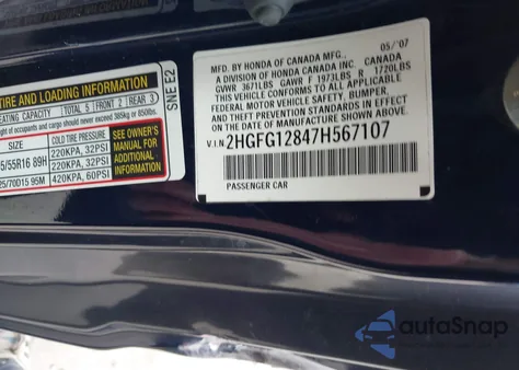 2007 Honda Civic Ex z USA, uszkodzony, nr VIN 2HGFG12847H567107